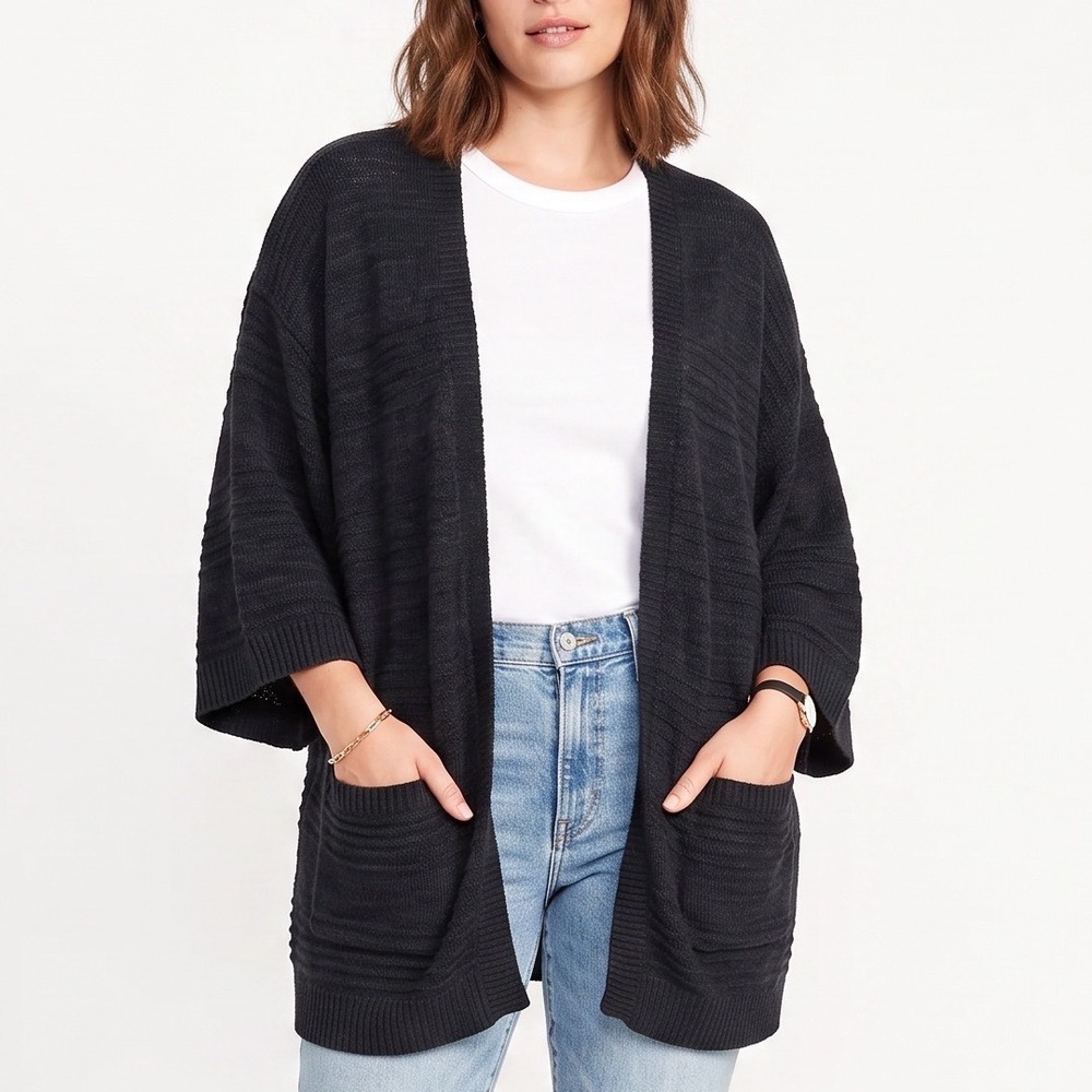 Old Navy Cardigan Womens XL Open Front Navy Blue Textured Knit Pockets Excellent